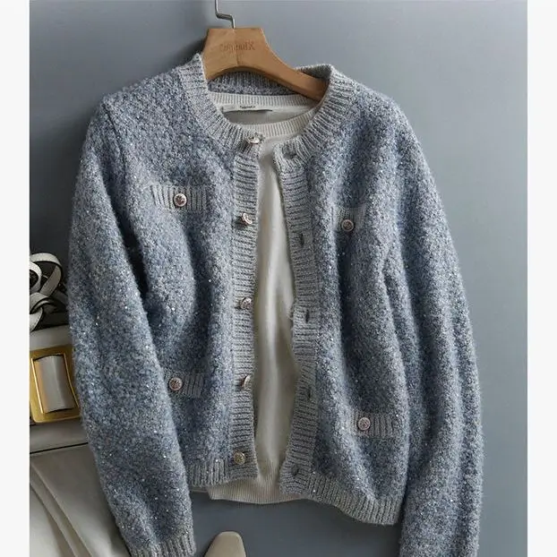 KUSAHIKI Fashion Sequins Sweater Women Cardigan 2023 Causal Long Sleeve O-neck Knitwear Korean Elegant Hit Color Knitted Jacket