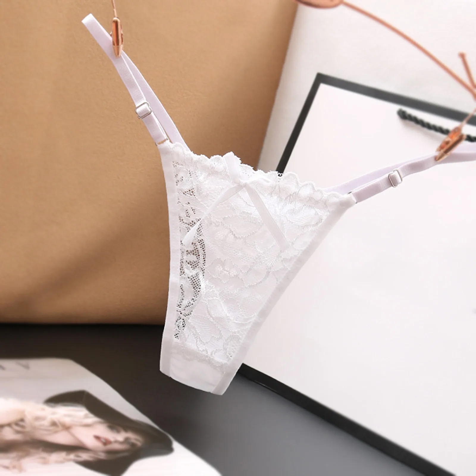 Women's Bowknot Lace Panties Ladies Sexy Perspective Underwear Female Fashion Adjustable Waist Lingerie Seamless G-String Thong