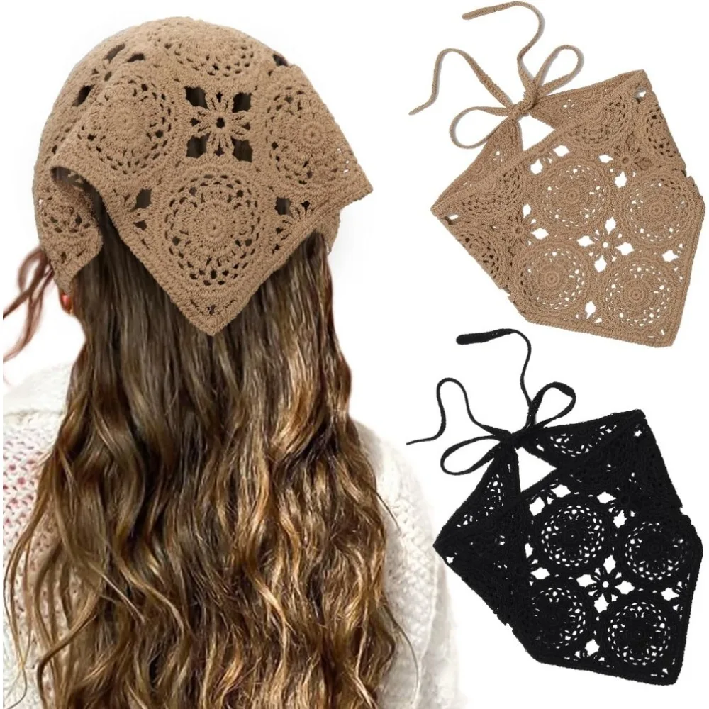 

2 шт., вязаные крючком банданы для волос с цветочным принтом, платок, 2 шт., женский шарф для волос, повязка на голову с ромашками, винтажный платок на голову для девочек