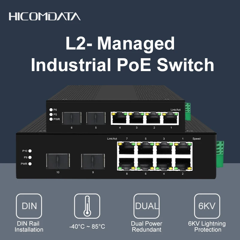 HICOMDATA 1000M Gigabit POE Switch Managed Industrial 1.25G 2 SFP 4 RJ45 Ports L2- Ethernet Network Switch