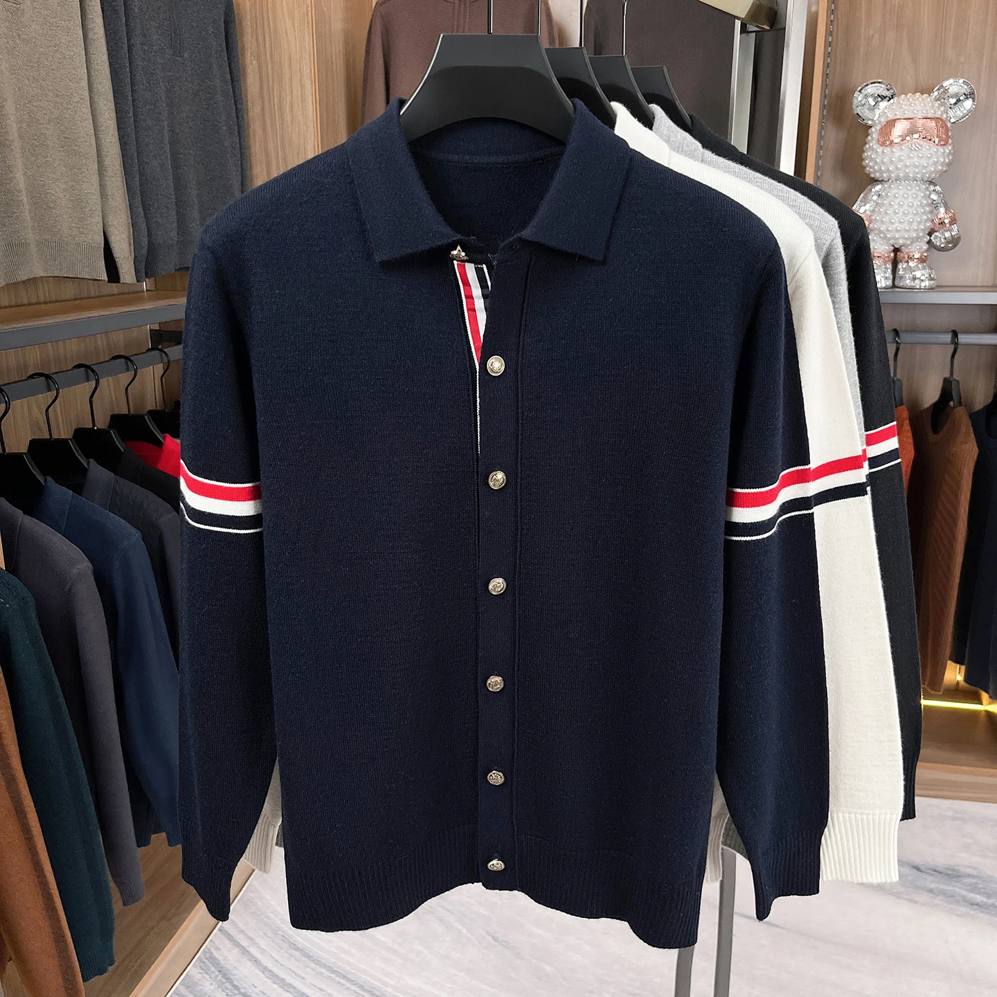 High-End-Marke Strickjacke Männer Frühjahr Herbst Neue Mode Persönlichkeit farbige gestreifte Open-Shirt Luxus Freizeit Komfort Warmwarme Pullover Jacke – Detail 8