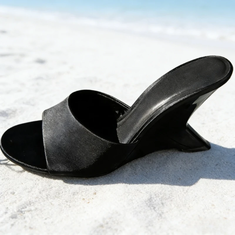 

High-quality Black Satin Wedges Slipper Women Summer Sexy Open-toe Slide Sandals Elegant Round-toe Designer Shoe Sandalias Mujer