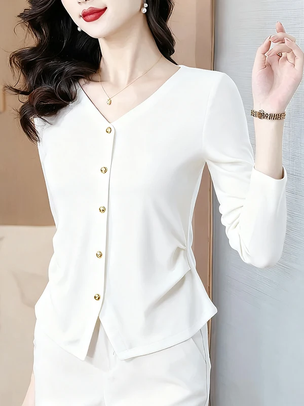 플러스 사이즈 V넥 긴팔 티셔츠 여성 순면 가을 패션 플리츠 허리 조임 슬림핏 베이스 티셔츠