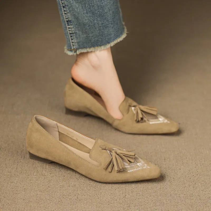 

НОВЫЕ весенне-осенние женские лоферы, туфли на низком каблуке с квадратным носком, женская обувь из овечьей замши, женские туфли-лодочки без шнуровки, туфли с кисточками