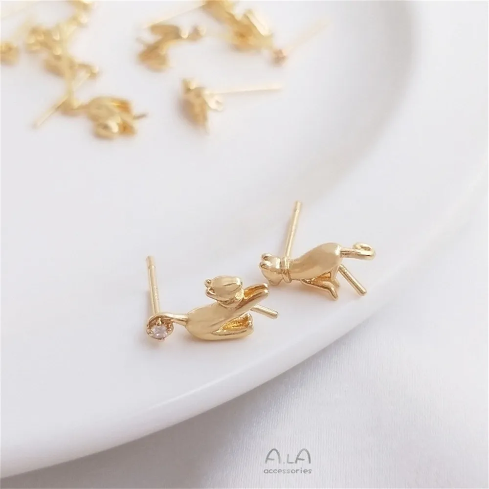 14K Gold-plated Cat Earrings with Half-hole Beading 925 Silver Needle Beading Handmade Diy Pearl Jewelry Accessories E145