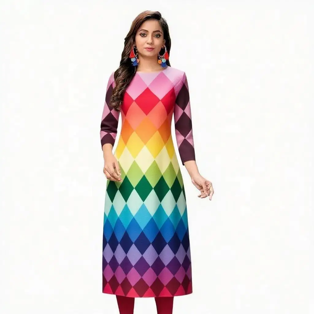 Abito da donna kurt alla moda ed elegante, a maniche lunghe, a tubo dritto, casual, con scollo tondo, motivo colorato