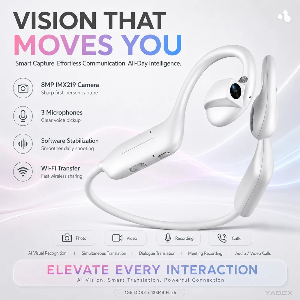 New Open Ear AI Camera Headset 8MP EIS Bluetooth Earphones Audio Video Calls Voice Recording 3-Mic WiFi Transfer for Work Travel