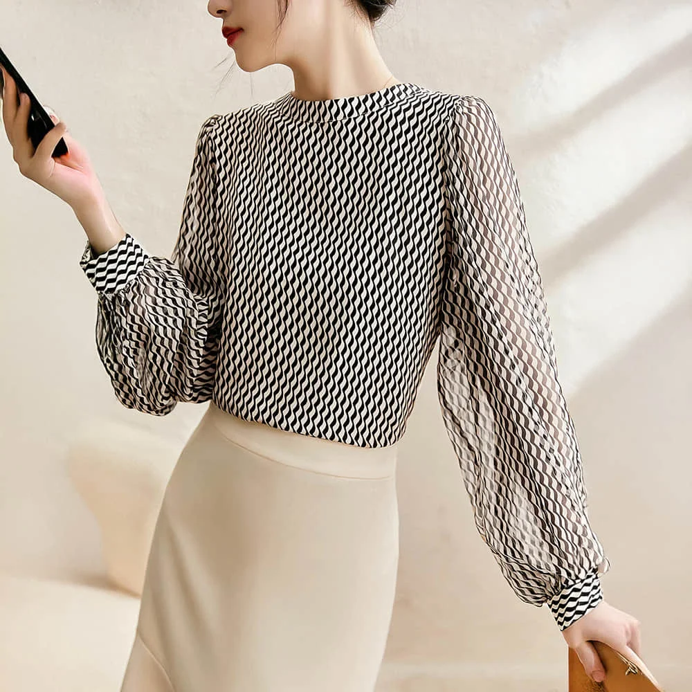 Elegante dames designer chiffon blouse luxe merktop met retro-geïnspireerde geometrische print en Ins Style Charm Shirts