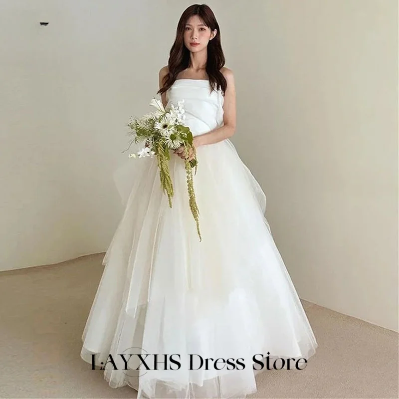 LAYXHS Fashion Wedding Dresses Korea Strapless A-Line Tulle Puffy Sleeveless Bridal Gowns Customized düğün parti elbise
