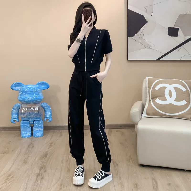 

Summer casual suit black workwear women 2025 fashion zipper short sleeved pants solid color sportswear two-piece set loose
