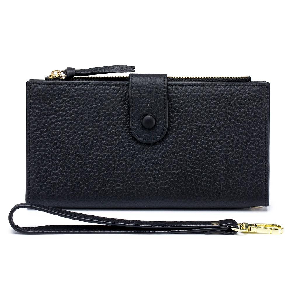 Genuine Cow Leather Snap Button Long Wallet Fashion Woman Multi-functional Clutch Purse with Phone Pocket ID Card Holders