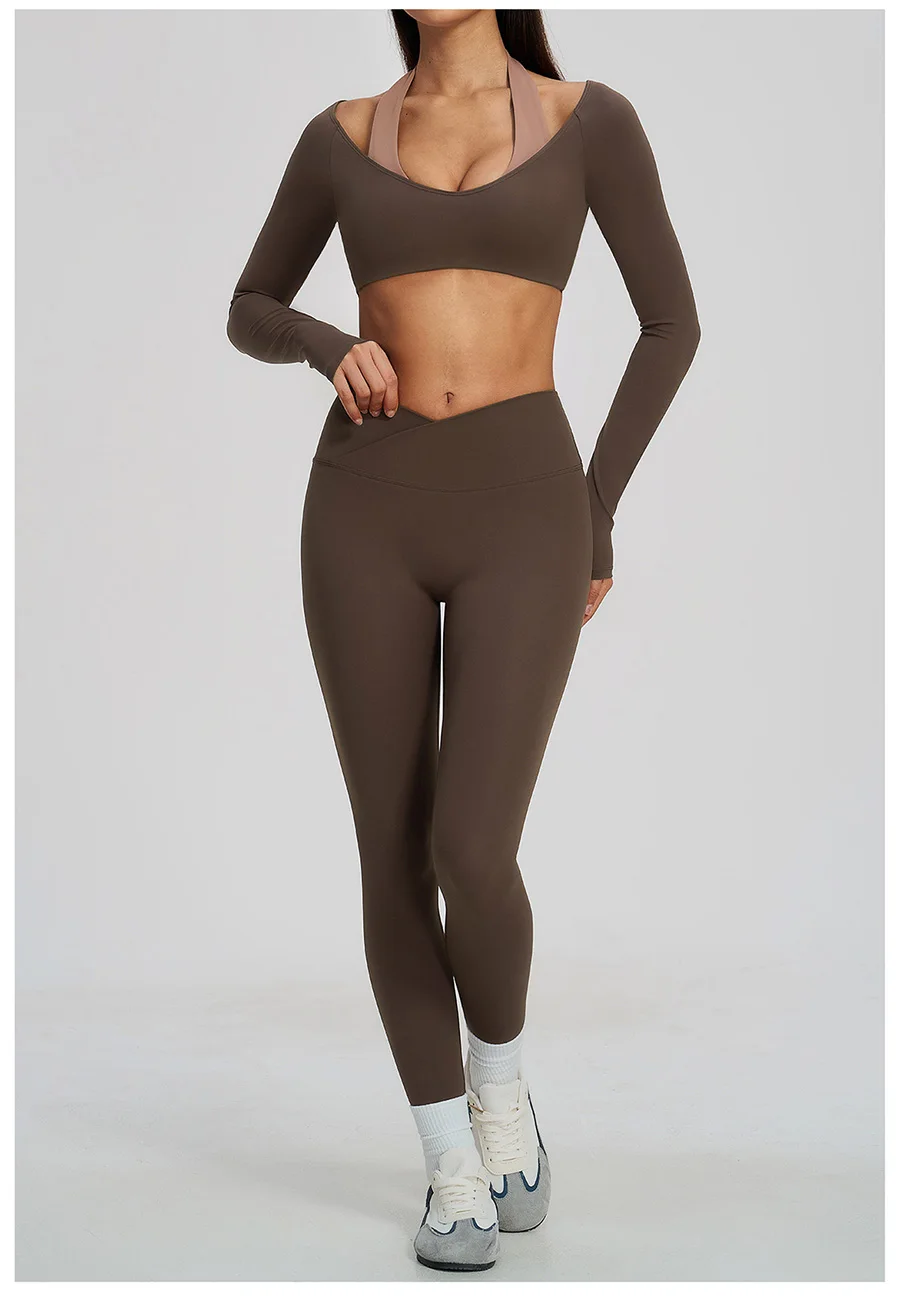 Yoga-Set 2-teilig, Fitnessbekleidung, Trainingsanzug, Lauf-Sportbekleidung, Outfit, hochtailliert, weites Bein, langärmeliges Crop-Top – Detail 10