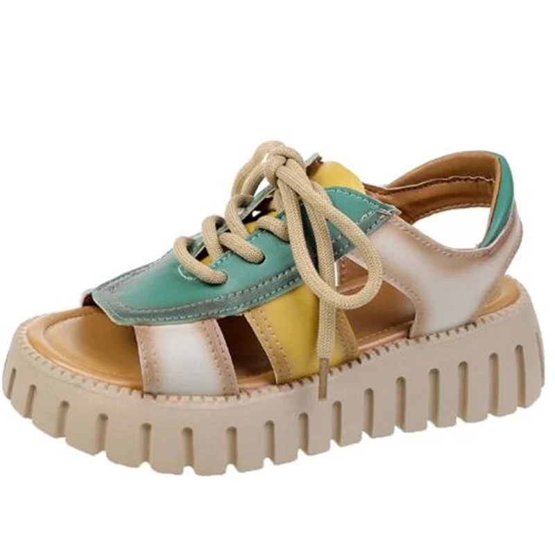 

2024 New Lace-up Summer Fish Mouth Sandals Premium PU Spell Color Roman Shoes Woman Sandals Platform Wedges Increase Sandals