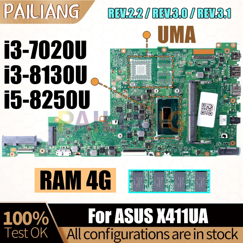 

For ASUS X411UA Laptop Mainboard i3-7020U i3-8130U i5-8250U REV.2.2 REV.3.0 REV.3.1 RAM 4G Notebook Motherboard Full Test