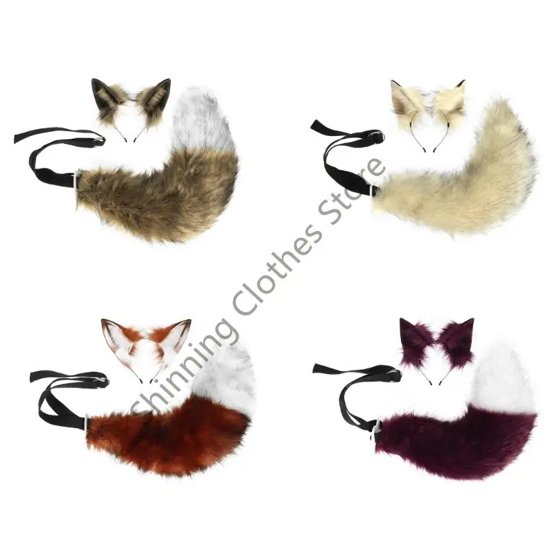 

M68A Мягкая плюшевая удобная повязка для волос с ушками и хвостом в виде красных лисиц для тематических вечеринок