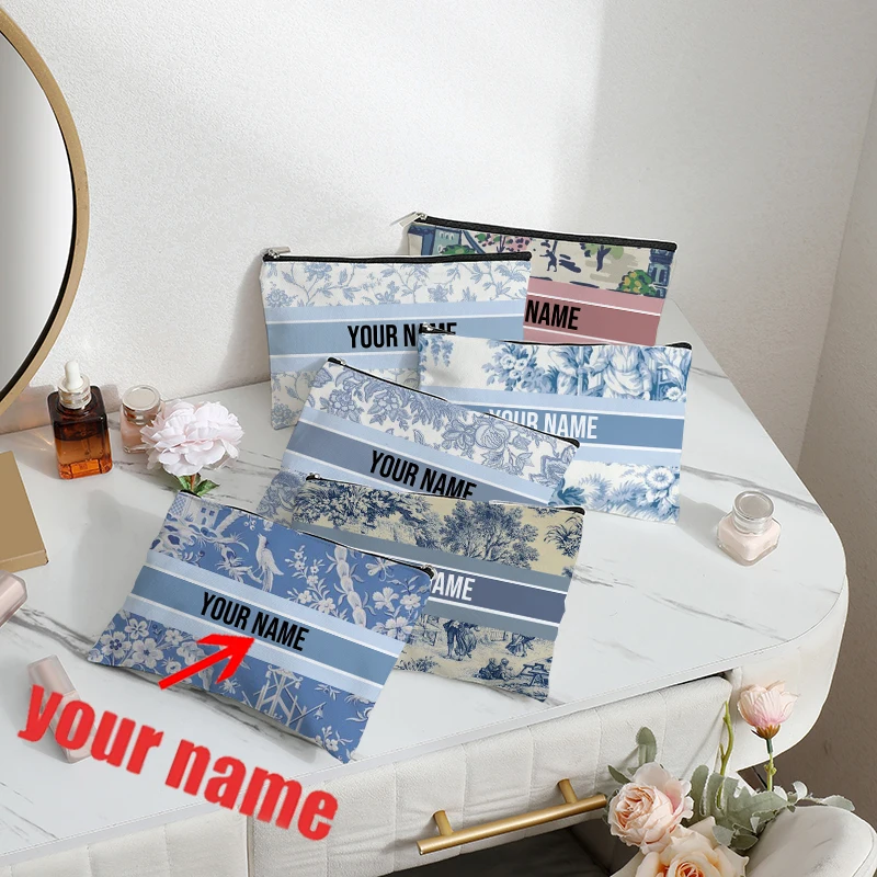 Customized French Toile De Jouy with Countryside Peacock Pattern Makeup Cosmetic Bag Personalized Wedding Purse Bridesmaid Pouch