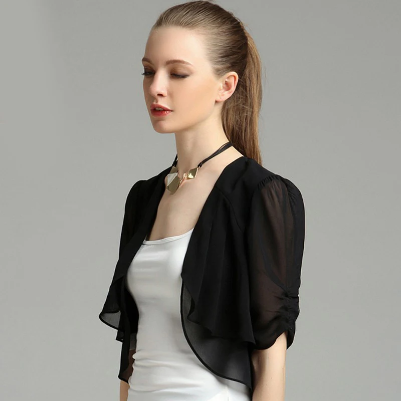 Bolero Women White Black Evening Dress Jacket Chiffon Bolero Prom Party Open Front Shrug Elegant Casual Dress Cape Jacket