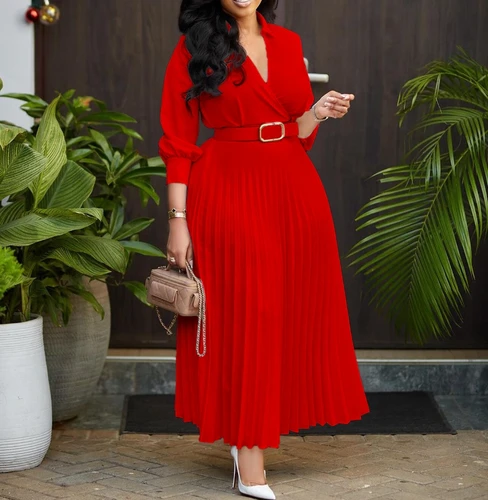 Vestidos elegantes para mujer, vestidos hasta el tobillo con cinturón, cuello en V, manga larga, holgados, elegantes, para oficina, otoño 2023