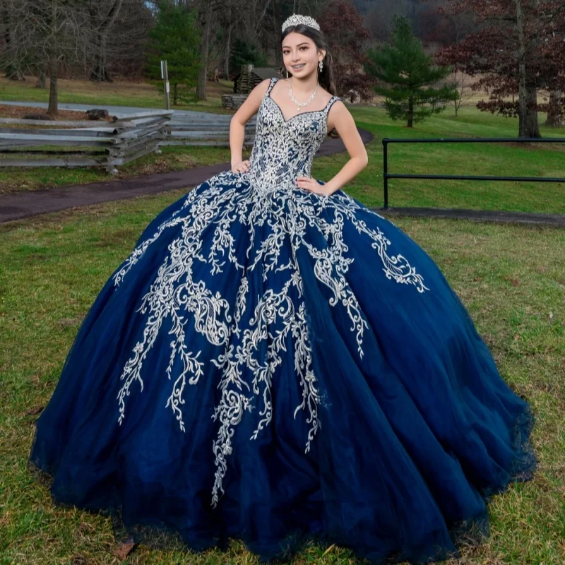 Dark Blue Quinceanera Dress off-shoulder Glitter Decal Lace Long tail Bow Vestidos De 15 Quinceanera ﻿Customize
