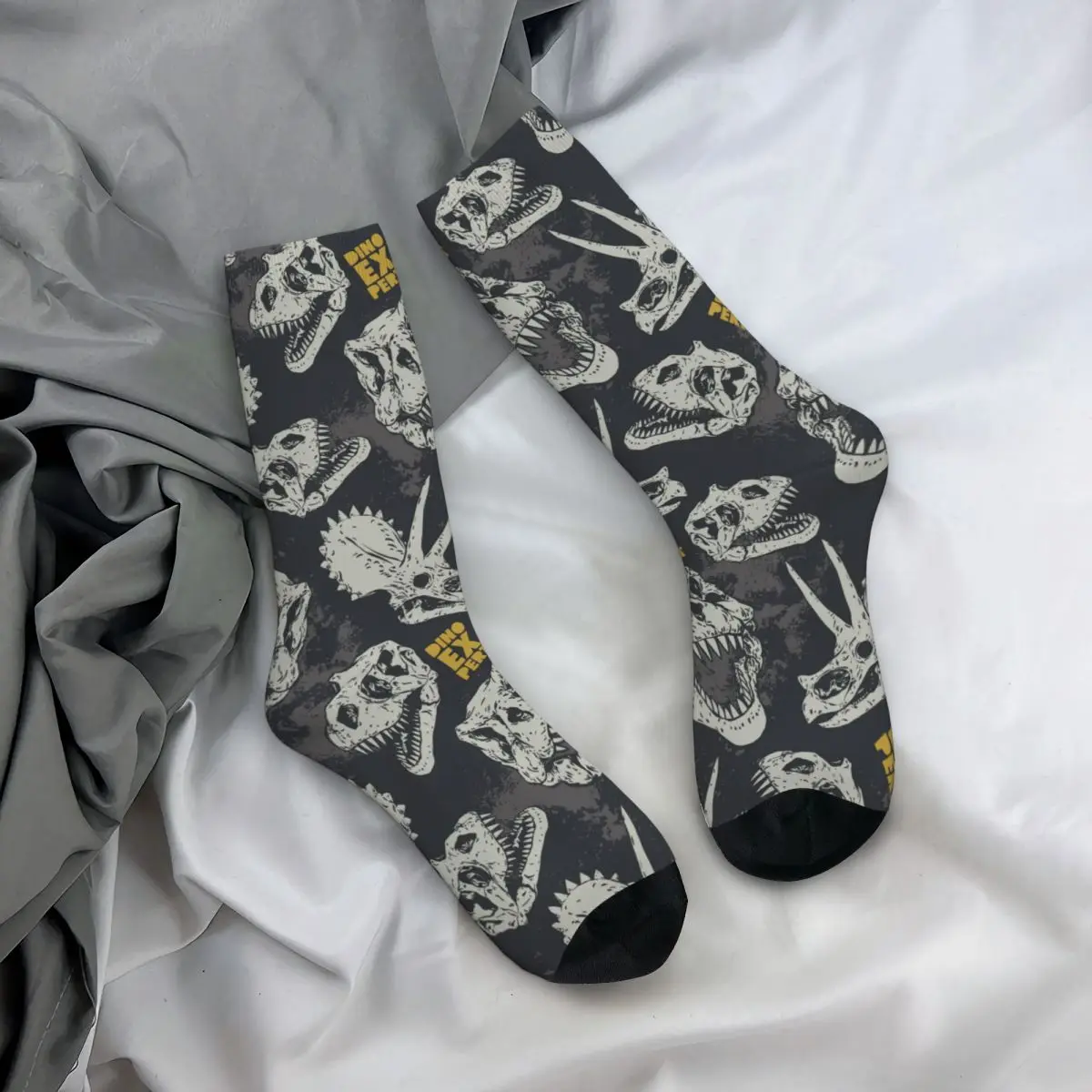 Funny Crazy Sock for Men Dinosaurs Grey Vintage Breathable Pattern Printed Crew Sock Novelty Gift