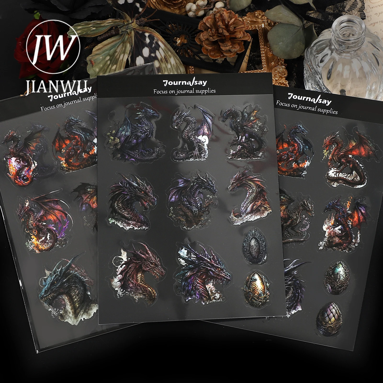 JIANWU 2 Lembar Stiker Hewan Peliharaan Kolase Bahan Pemandangan Telur Naga Gelap Gotik Antik Alat Tulis Buku Tempel Jurnal DIY Kreatif
