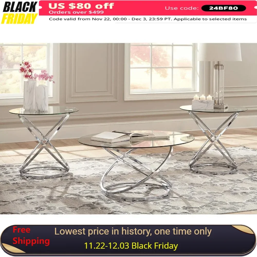 

Round 3 Piece Small Table Set, Modern Art Deco, Coffee Table and 2 Side Tables, Chrome, 3 Piece Living Room Side Tables Set