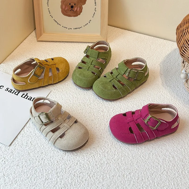 Suede Leather Girl's Sandals Soft Cowhide Summer Children's Beach Shoes Genuine Leather Baby Boys Gladiator Sandals