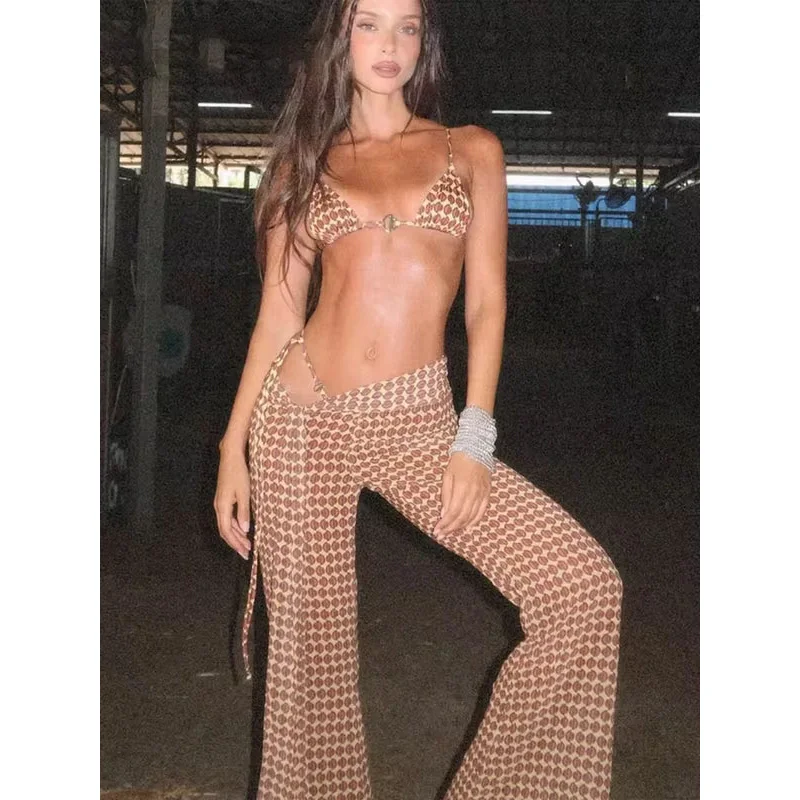 

Sexy Printed Bikini 3-piece Set Women Chic Sleeveless Lace Up Bra Vest Wide Leg Pants Suit 2026 Lady Vacation Beach Outfits 2026