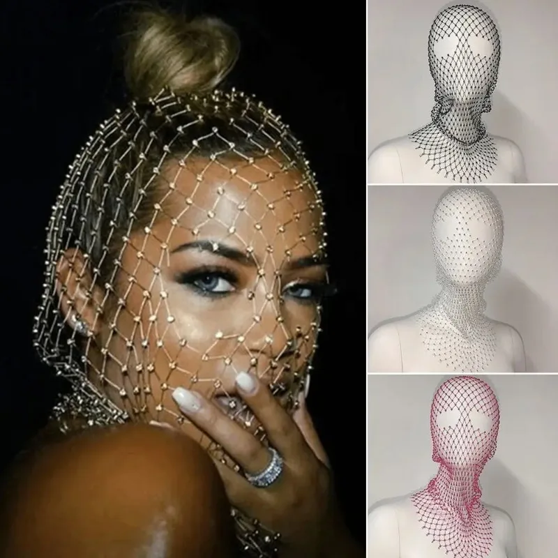 Pasamontañas elástico con diamantes de imitación para mujer, turbante de rejilla brillante, máscara para la cabeza para fiesta y vacaciones