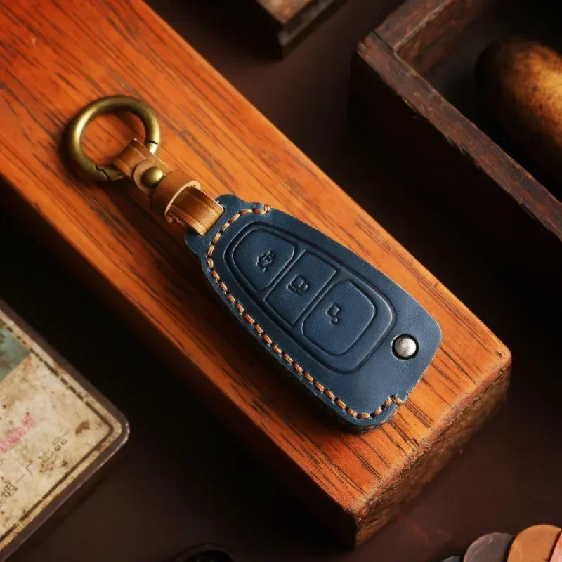 Retro Genuine Leather Car Key Case Handmade Purse Cover For Ford Focus Car Accessories High-end KeyChain Bag Protection