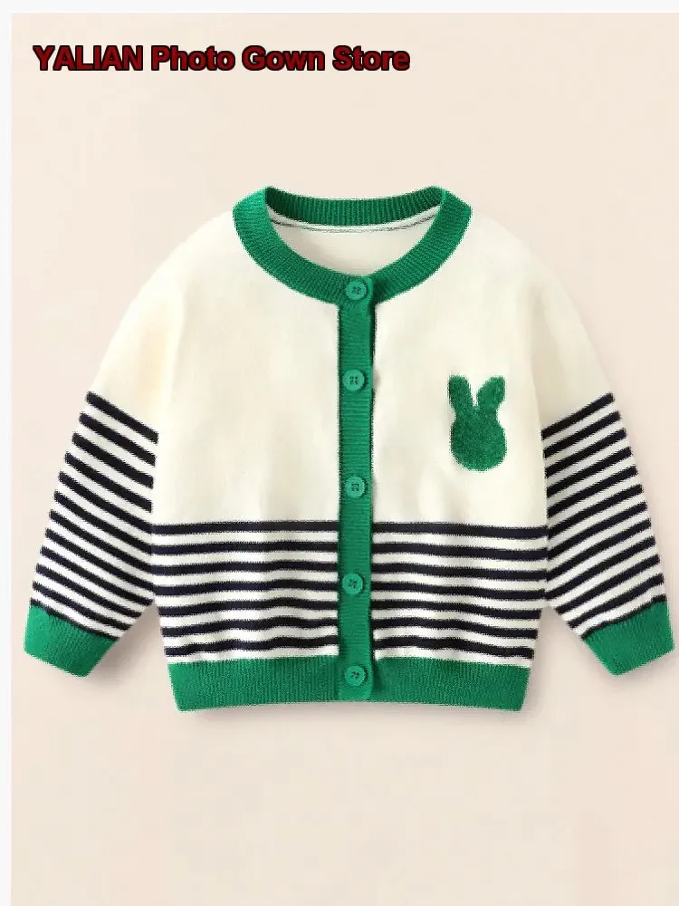 Kids Boys Girls Infant Single Layer Round Neck Striped Button Front Knit Top Coat Spring Autumn