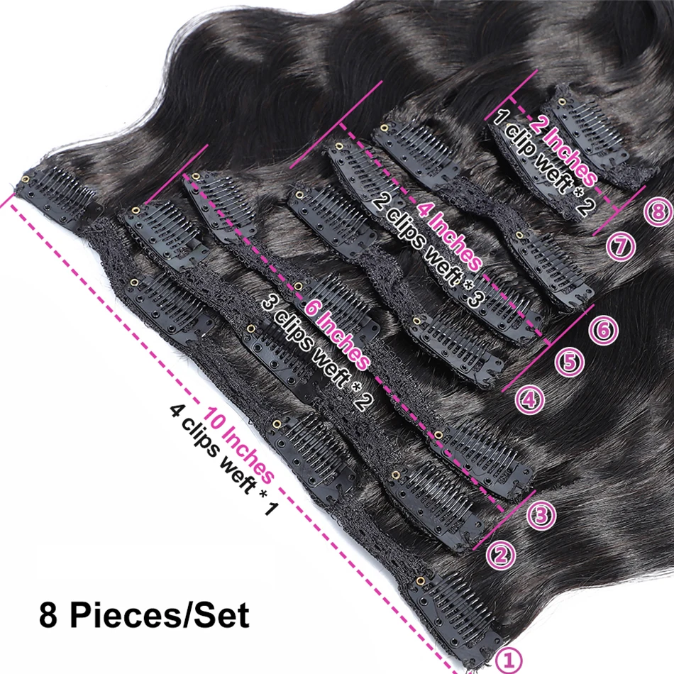 8pcs One Set Kinky Curly Clip in Hair Extensions Human Hair Virgin Human Hair Clip-In Hair Extensions Weft Hair Extension Hair W