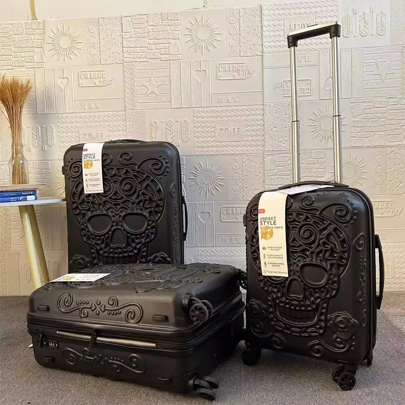 3D Skull Suitcase 20/24/28 inch New Fashion Cabin Rolling Luggage with Wheels Set of 3 Suitcases Trolley Case Customs Lock TSA