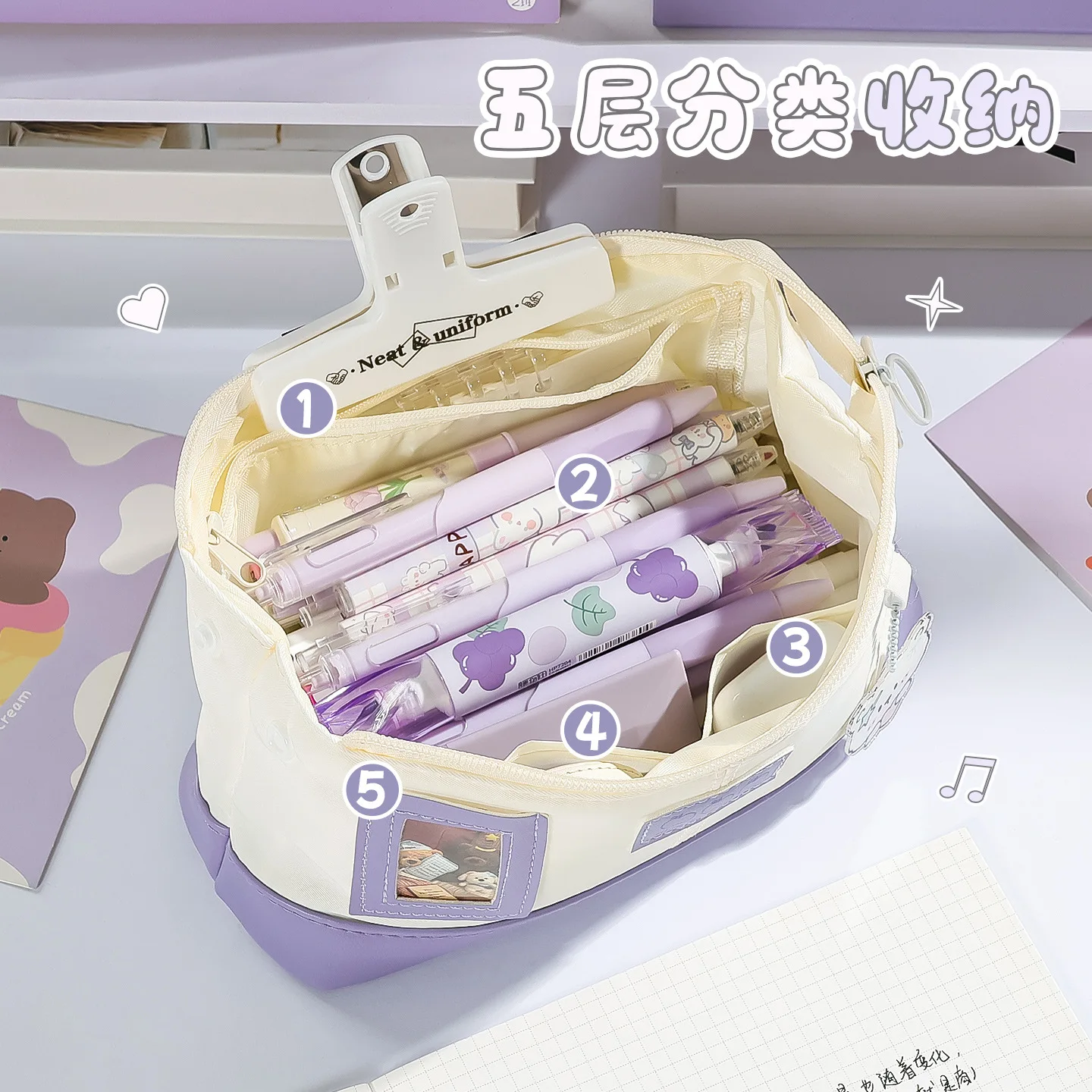 Kawaii Cartoon Bear PU Splicing Pencil Case Photo Window 5 Layers Large Capacity Pen Bag for Teen Girls Back To School Supplies