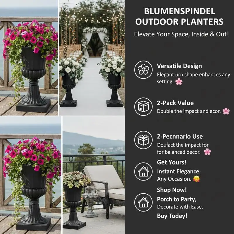 Decorative Column Vases 15.8 x 26.4 Inch For Front Porch Balcony Patio, 2 Pack Classic Flower Pots Tall Pedestal Design Black Molded Resin Construction Traditional Ribbed Texture Outdoor Indoor Ornamental Containers - view 4