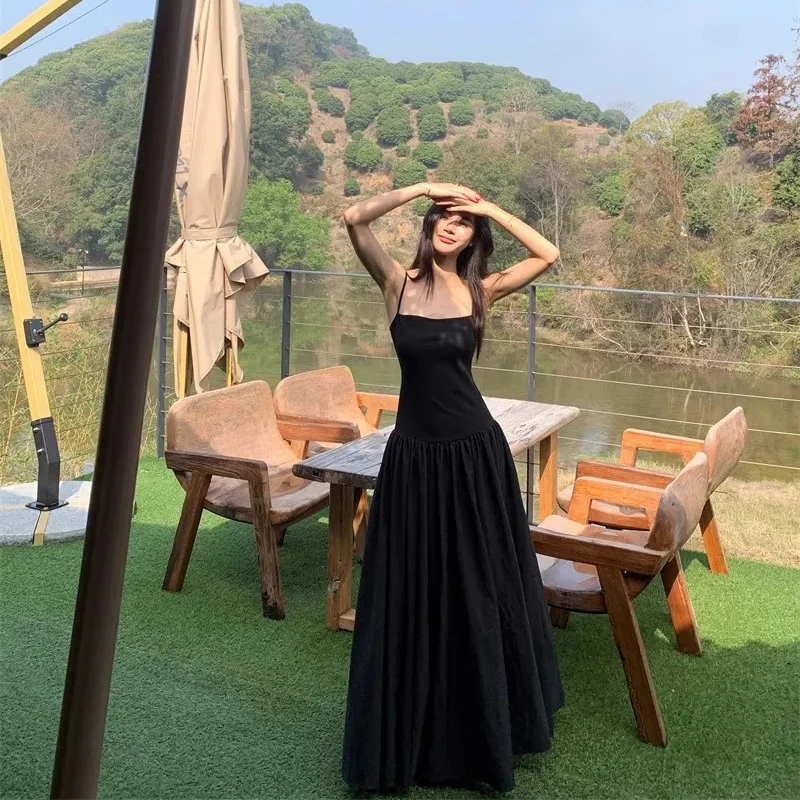 Elegant Hepburn Camis Dress for Women Summer Fashion Spaghetti Straps Midi Dress Y2K Aesthetic Holiday Black Vestidos Mujer