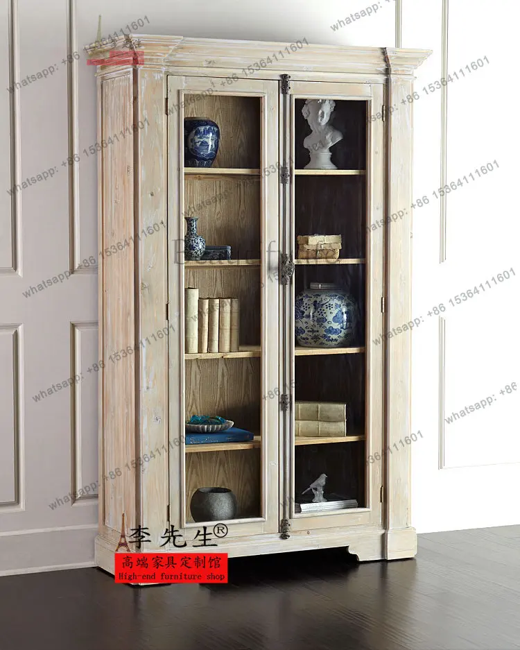 

European solid wood carving flower bookcase, American retro old Mediterranean simple classical bookshelf