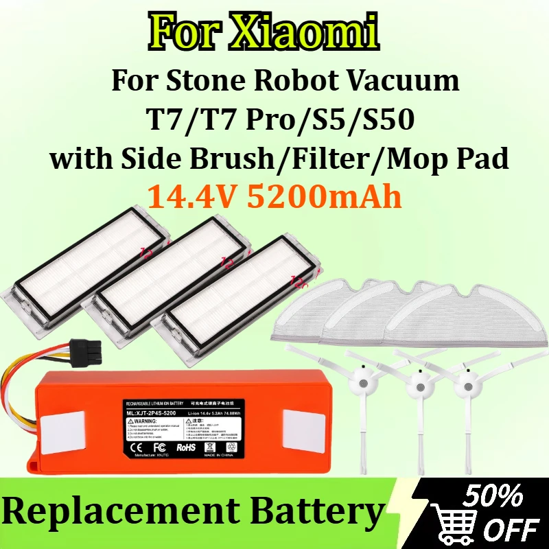 

14.4V 5200mAh Replacement Battery for Xiaomi Stone Robot Vacuum T7/T7 Pro/S5/S50 with Side Brush/Filter/Mop Pad Accessory