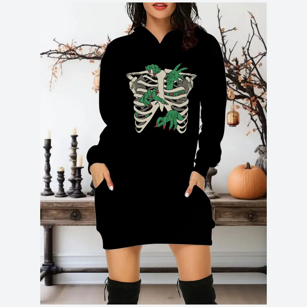 Halloween Clothes Long Sleeve Hoodies&Sweatshirts For Women Halloween Skull And Rose Print Party Sweatshirt Hoodie Mini Dress