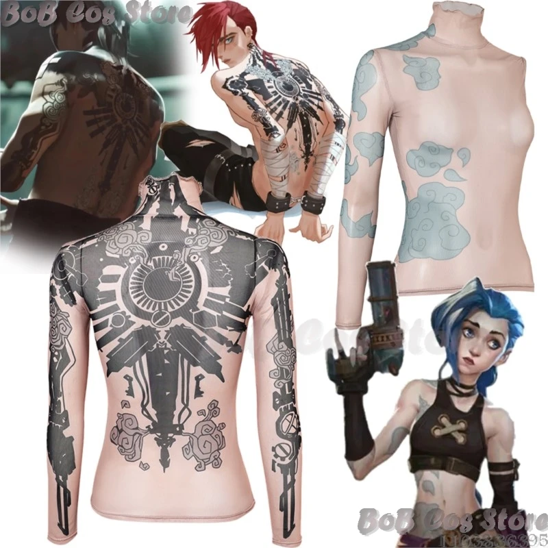 Jinx Vi Arance S2 Anime Game LOL Cosplay Costume Tattoo Printed Flesh-colored Bodysuit Women Girl Holloween Comic Con Customized