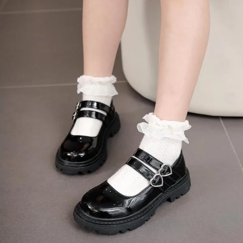 Girls Chunky Platform Mary Jane Shoes Children\'s Heart Buckle Strap Thick Heels Pumps Woman Black Patent Leather Lolita Shoes