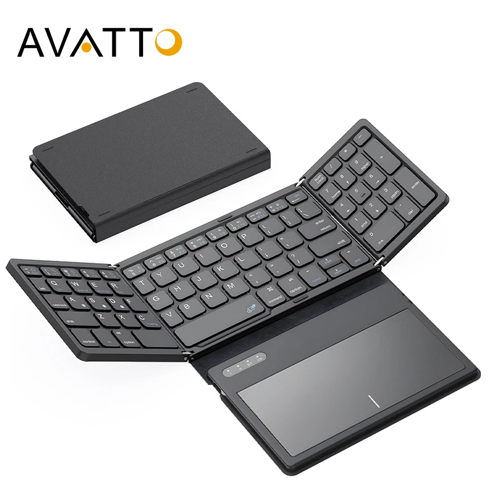 AVATTO Portable Quadruple Folding Wireless Bluetooth keyboard with Foldable Touchpad for Windows Android IOS Tablet ipad Phone