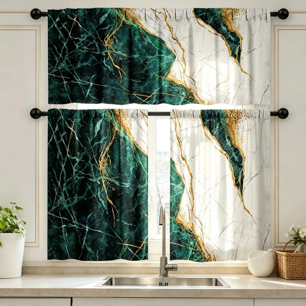 Luxury Kitchen Curtains, Green Gold Marble Vein Abstract, Digital Print, Kitchen Dining Room, Rod Pocket Polyester, Home Decor