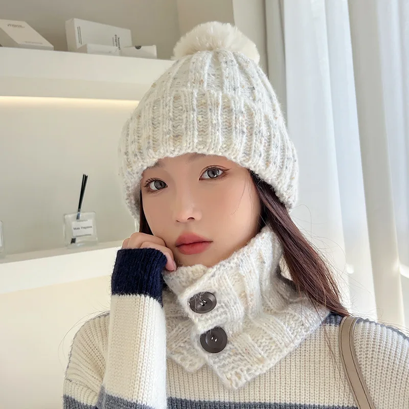 Colorful Dot Woolen Women's Pompom Beanie Hat Fashion Mom Thicken Acrylic Knit Skullies Hat Neck Two-piece One Set Winter Warmer