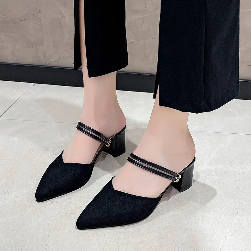2024 New Summer Style Fashionable Comfortable Versatile and Elegant Casual Suede Bun Toe Slippers Thick Heel Women\'s Shoes