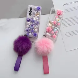 Unique Luxury Pearl Diamond Flower Wrist Fur Phone Case Cover For Samsung Galaxy Z Fold 7 6 5 4 3 5G F7110 F7070