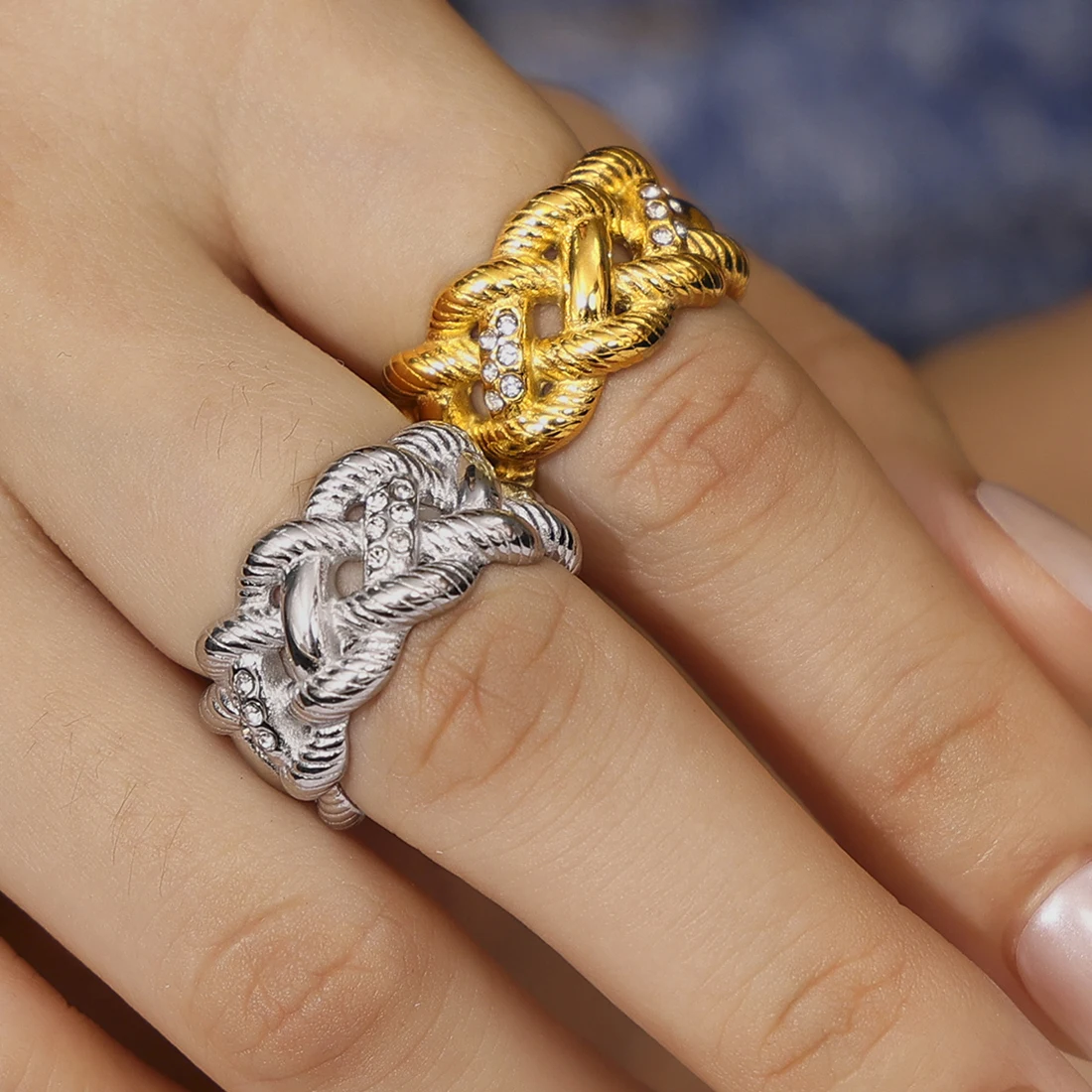 Retro Knited Design Stainless Steel Gold Plated Rings For Women White CZ Designer Ring Luxury Simple Jewelry Accessories