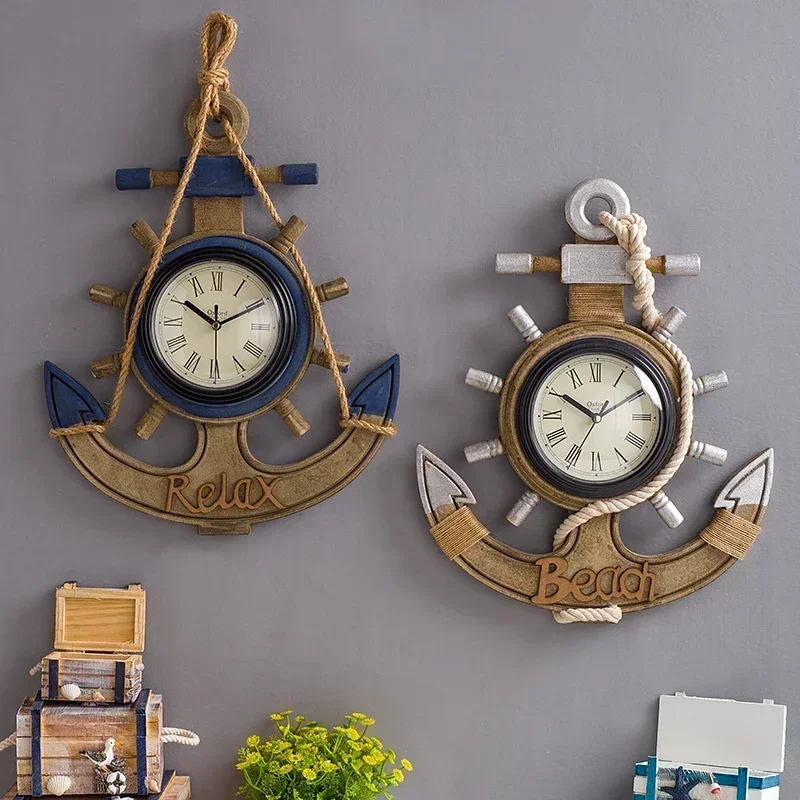 Mediterranean anchor model retro Room Decor wall clock wooden rudder clock bar old decorations creative home decoration clocks