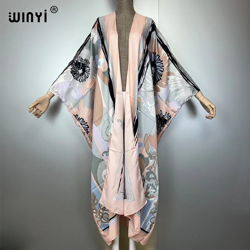 Winyi novo boêmio quimono solto cardigan roupas de praia mulher cobrir vestido de noite longo para baixo casaco maxi vestido de luxo beachwear