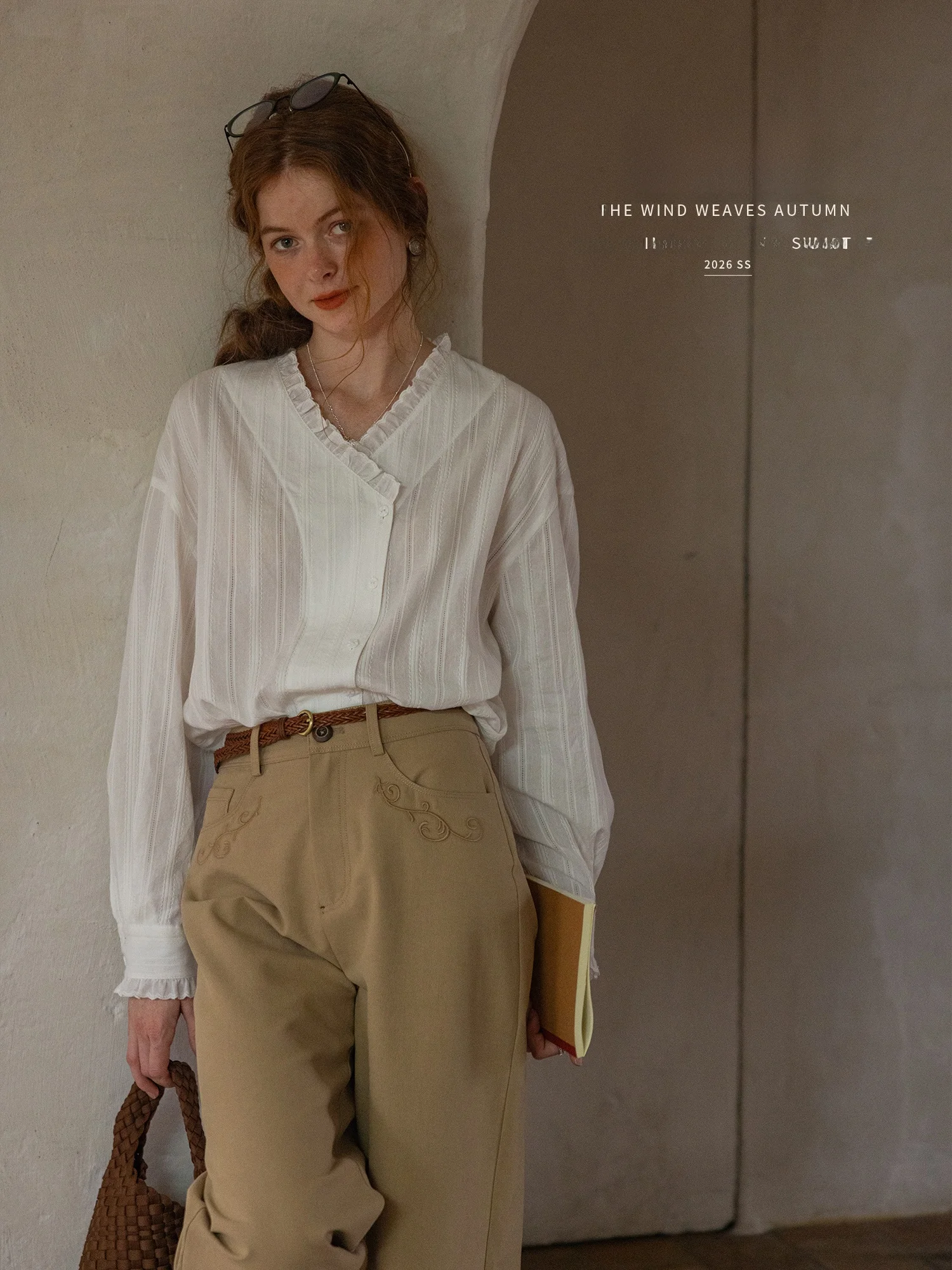 

Женская блузка с длинным рукавом и узором в виде волн, с ароматом морской соли, из чистого хлопка, с вышивкой и ажурным дизайном, повседневная, с V-образным вырезом, дышащая.